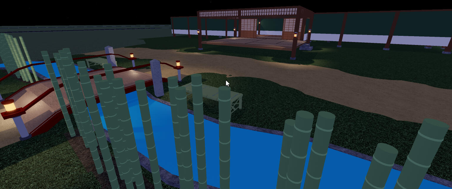 A Japanese styled home's exterior, featuring a small river, a bridge, and some bamboo stalks.