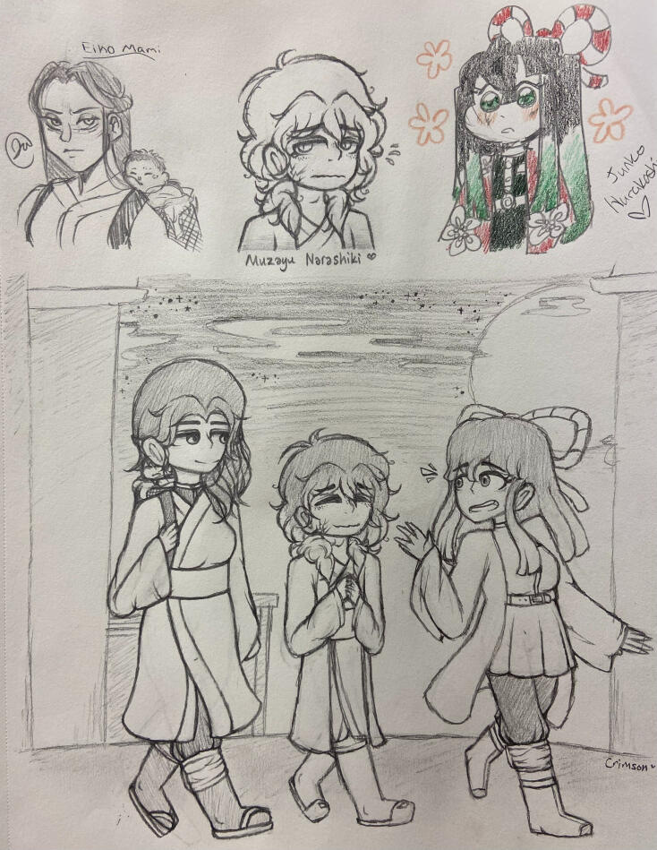 Art of Eiko, Muzayu, and Junko, OCs from the Demon Slayer universe. Pencil.