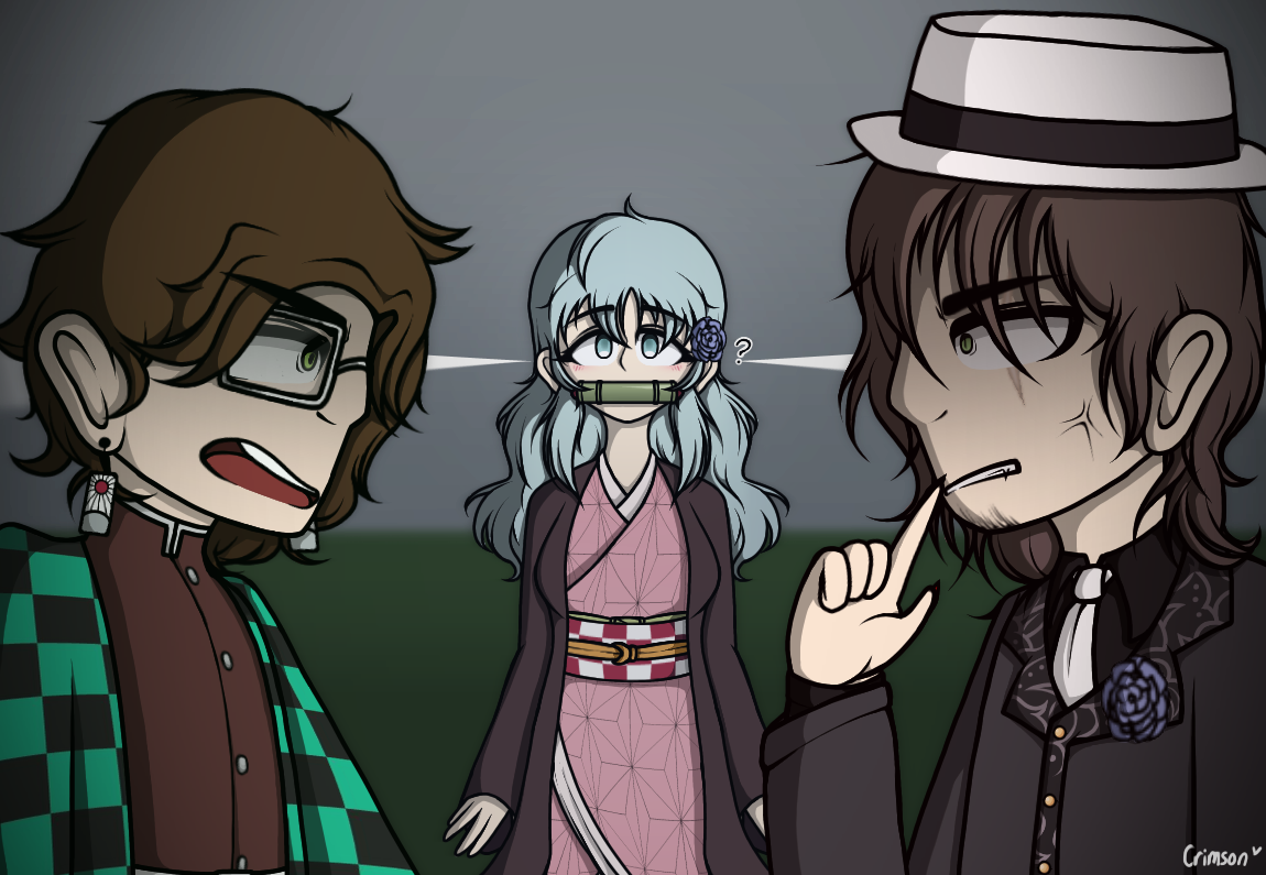 Art of Hiromitsu, Miyako, and Kazuhiko in Demon Slayer outfits. Digital. (WillowOkami's Characters)