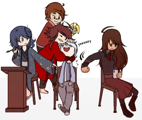 Art of Kazumi, Shamira, Toshihiro, Saburo, and Akatsuki for Saburo's birthday. Digital. (WillowOkami's Characters)