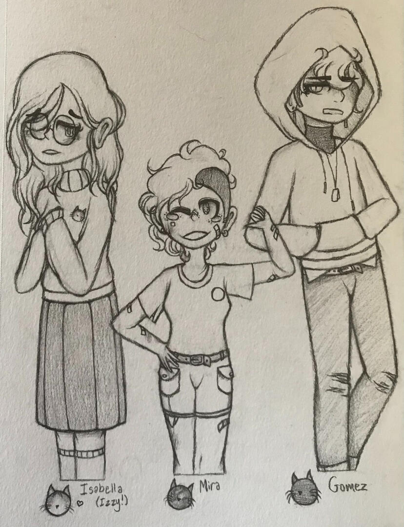 Art of my cats, Izzy, Mira, and Gomez, as people. Pencil.